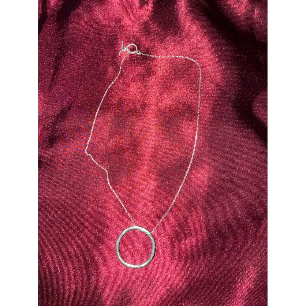Hammered Silver Tone Open Circle Pendant Necklace Toggle Clasp Minimalist Style